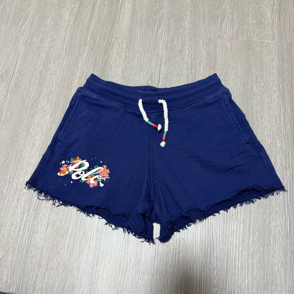 Navy Blue Polo Shorts with Floral Detail